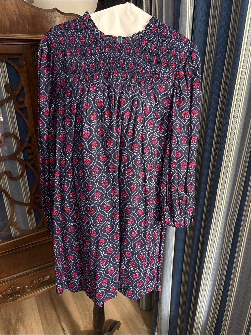 Smocked Neck Floral Print Long-Sleeve Dress in Navy and Pink